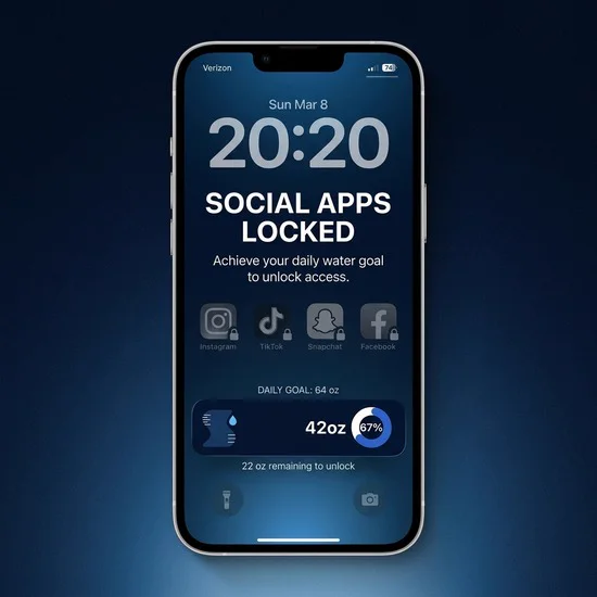 A phone lock screen reading Social Apps Locked, with Instagram, TikTok, Snapchat and Facebook padlocked and 22 oz remaining to unlock